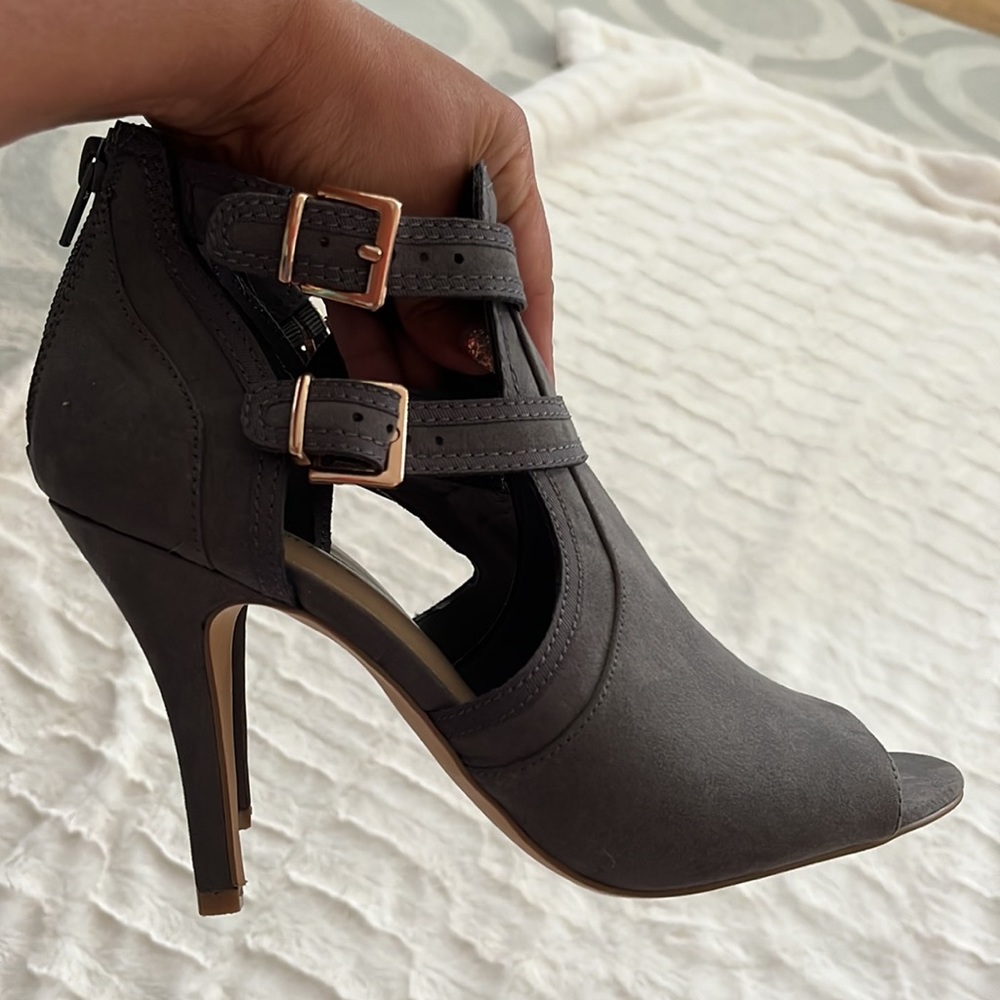 Grey suede high heels, cut out, peep toe